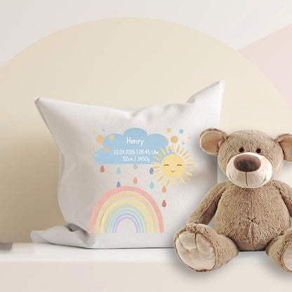 Personalisiertes Geburtskissen mit Regenbogen-Motiv, Geburtsdaten und Wunschname, Geschenk zur Geburt