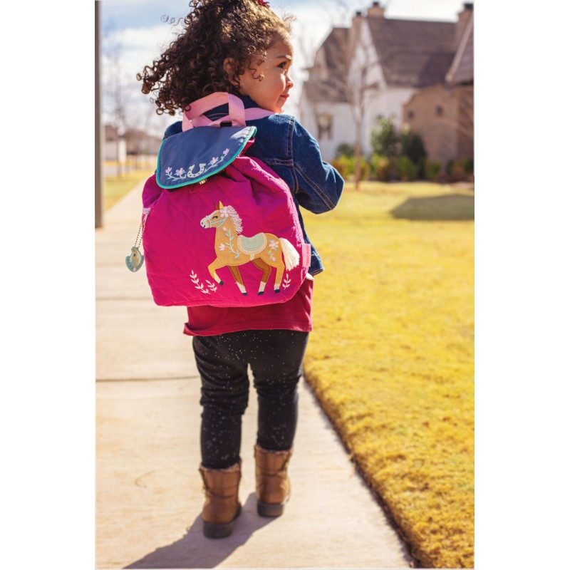 Personalisierter Rucksack für Kinder 8 Liter Kindergartenrucksack aus Baumwolle mit Namen bedruckt Motiv Pferd pink
