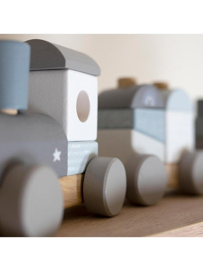 Holzzug Holz Eisenbahn blau personalisiert mit Name und Geburtsdaten Baby Geschenk mit Gravur