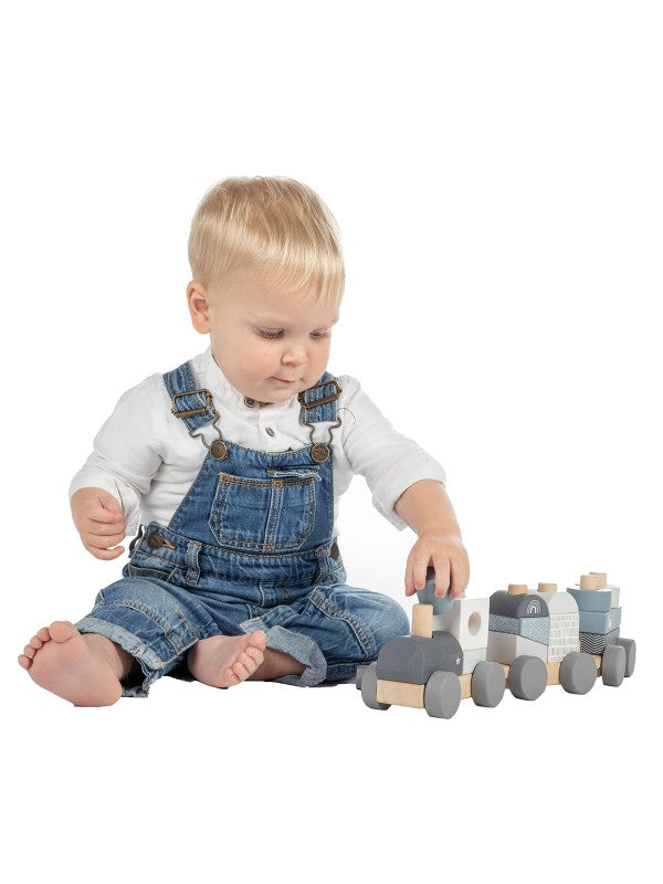 Holzzug Holz Eisenbahn blau personalisiert mit Name und Geburtsdaten Baby Geschenk mit Gravur