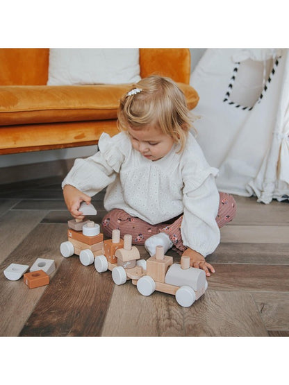 Holzzug Holz Eisenbahn beige personalisiert mit Name und Geburtsdaten Baby Geschenk mit Gravur
