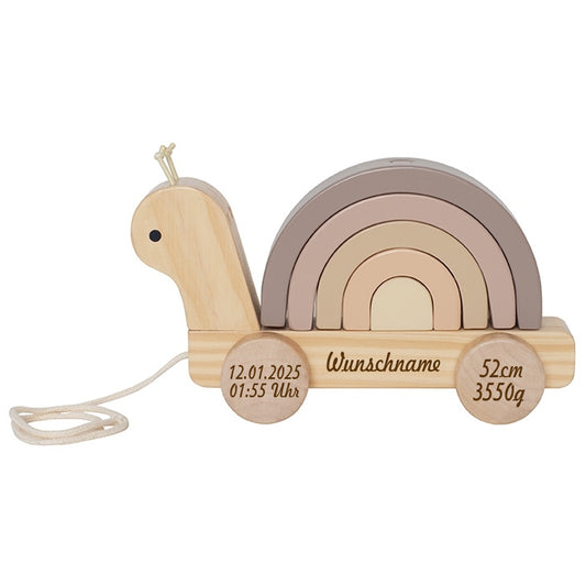 Nachziehtier aus Holz personalisierbar mit Name und Geburtsdaten des Kindes Gravur Holzspielzeug Ziehtier Schnecke ab 18 Monaten