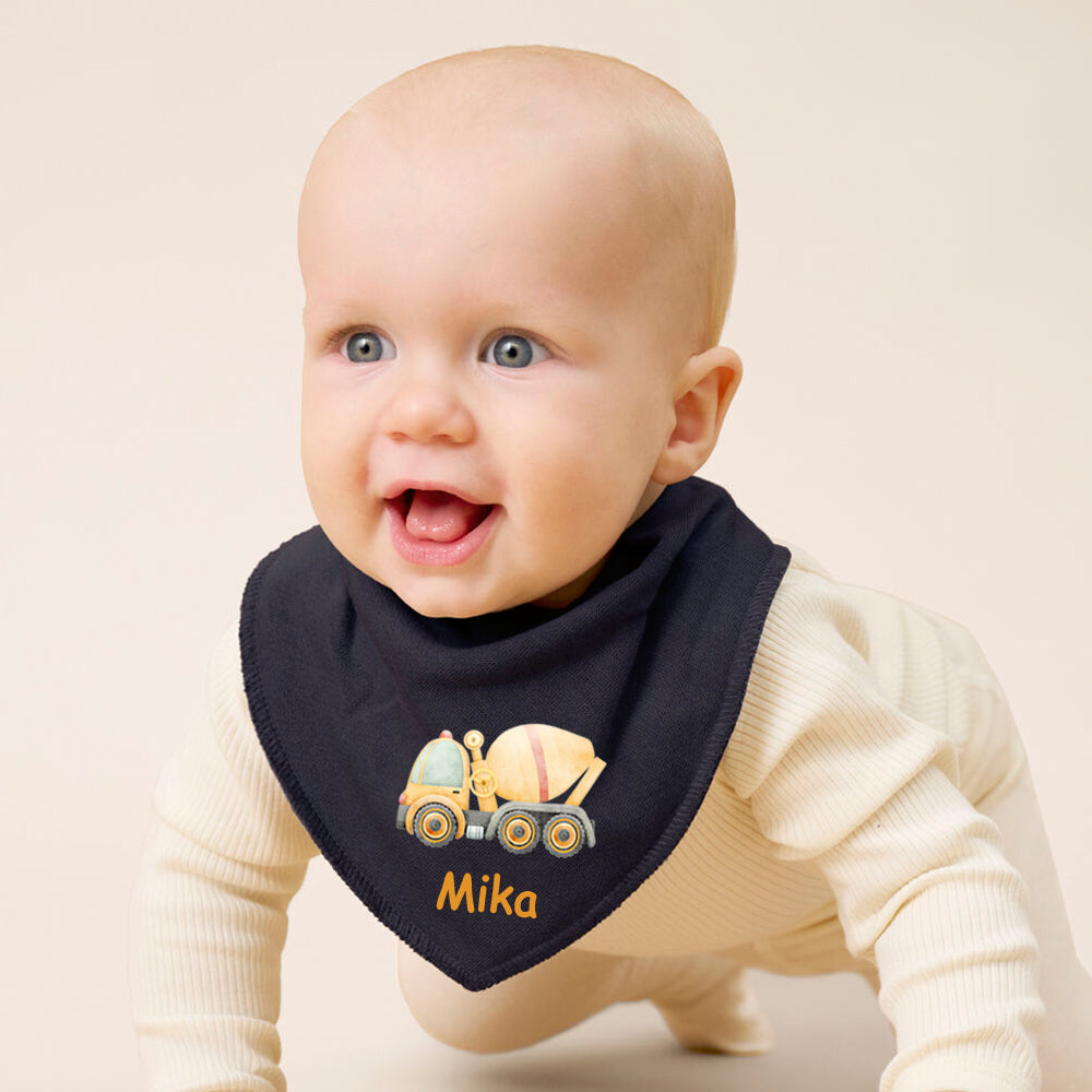 Personalisiertes HALSTUCH für Baby oder Kind aus Baumwolle in Einheitsgröße mit Motiv Auswahl Fahrzeug und Wunschname bedruckt