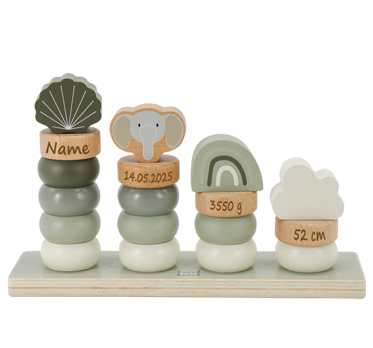 Stapelringe aus Holz oliv personalisiert mit Name und Geburtsdaten Baby Geschenk mit Gravur