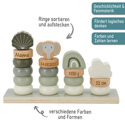 Stapelringe aus Holz oliv personalisiert mit Name und Geburtsdaten Baby Geschenk mit Gravur