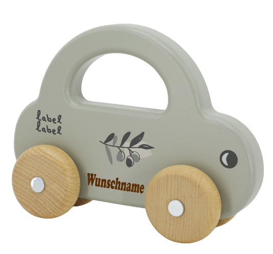 Spielzeug Auto aus Holz oliv personalisiert mit Name Baby Geschenk mit Gravur