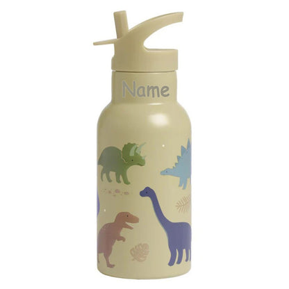 Personalisierte Edelstahl Trinkflasche für Kinder mit Namen graviert ultraleicht Trinkstrohhalm für Kinder ab 4 Jahren Dino