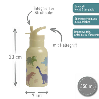 Personalisierte Edelstahl Trinkflasche für Kinder mit Namen graviert ultraleicht Trinkstrohhalm für Kinder ab 4 Jahren Dino