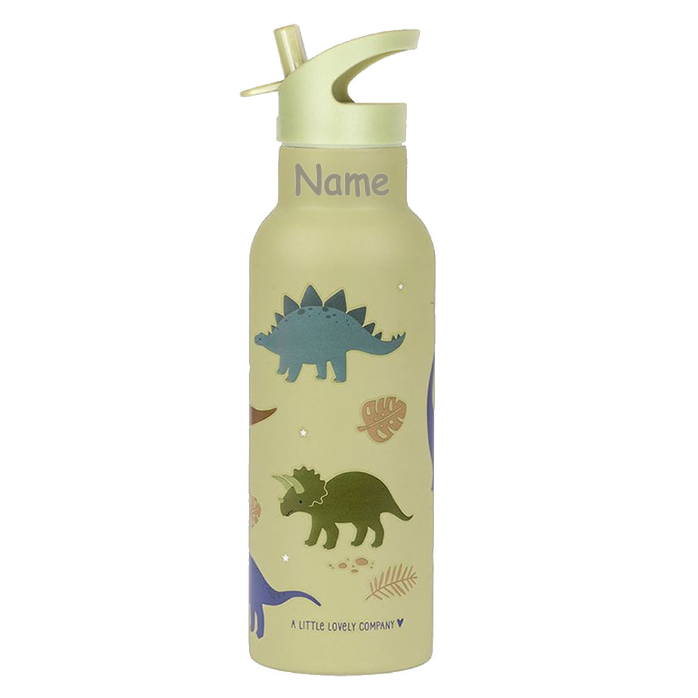 Personalisierte Edelstahl Trinkflasche für Kinder mit Namen graviert ultraleicht Trinkstrohhalm für Kinder ab 4 Jahren Dino