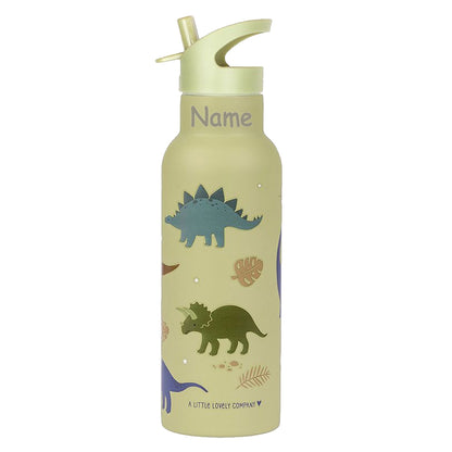 Personalisierte Edelstahl Trinkflasche für Kinder mit Namen graviert ultraleicht Trinkstrohhalm für Kinder ab 4 Jahren Dino