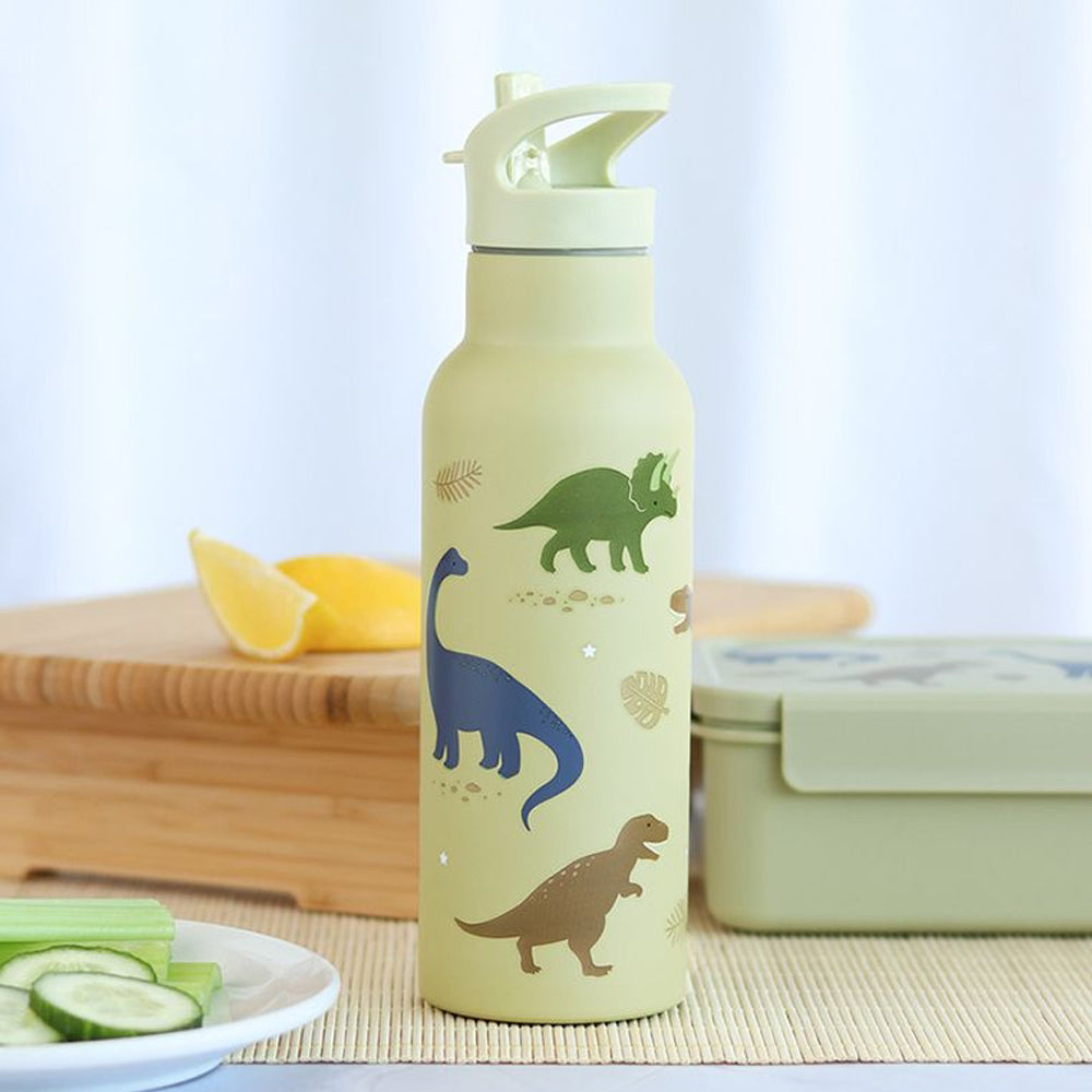 Personalisierte Edelstahl Trinkflasche für Kinder mit Namen graviert ultraleicht Trinkstrohhalm für Kinder ab 4 Jahren Dino
