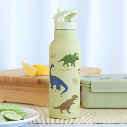 Personalisierte Edelstahl Trinkflasche für Kinder mit Namen graviert ultraleicht Trinkstrohhalm für Kinder ab 4 Jahren Dino