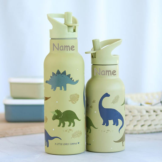 Personalisierte Edelstahl Trinkflasche für Kinder mit Namen graviert ultraleicht Trinkstrohhalm für Kinder ab 4 Jahren Dino