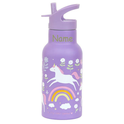 Personalisierte Edelstahl Trinkflasche für Kinder mit Namen graviert ultraleicht Trinkstrohhalm für Kinder ab 4 Jahren Einhorn