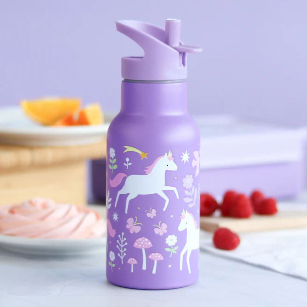 Personalisierte Edelstahl Trinkflasche für Kinder mit Namen graviert ultraleicht Trinkstrohhalm für Kinder ab 4 Jahren Einhorn