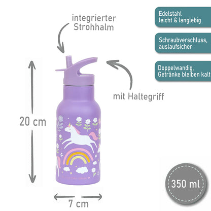 Personalisierte Edelstahl Trinkflasche für Kinder mit Namen graviert ultraleicht Trinkstrohhalm für Kinder ab 4 Jahren Einhorn