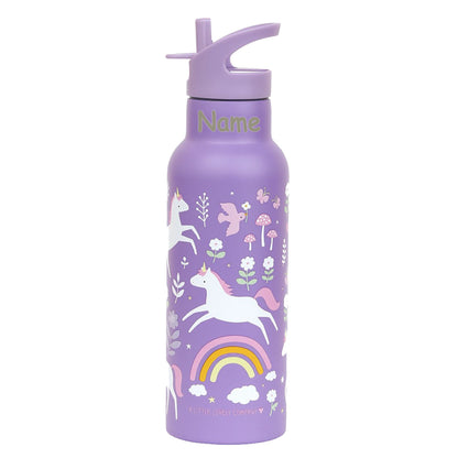 Personalisierte Edelstahl Trinkflasche für Kinder mit Namen graviert ultraleicht Trinkstrohhalm für Kinder ab 4 Jahren Einhorn