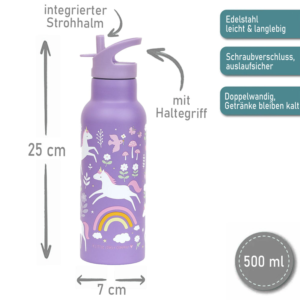 Personalisierte Edelstahl Trinkflasche für Kinder mit Namen graviert ultraleicht Trinkstrohhalm für Kinder ab 4 Jahren Einhorn