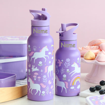 Personalisierte Edelstahl Trinkflasche für Kinder mit Namen graviert ultraleicht Trinkstrohhalm für Kinder ab 4 Jahren Einhorn