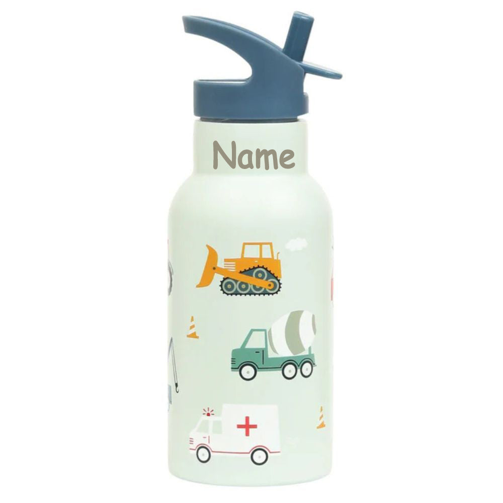Personalisierte Edelstahl Trinkflasche für Kinder mit Namen graviert ultraleicht Trinkstrohhalm für Kinder ab 4 Jahren Fahrzeuge