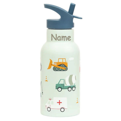 Personalisierte Edelstahl Trinkflasche für Kinder mit Namen graviert ultraleicht Trinkstrohhalm für Kinder ab 4 Jahren Fahrzeuge