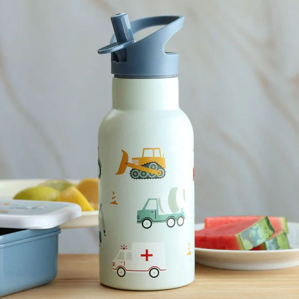 Personalisierte Edelstahl Trinkflasche für Kinder mit Namen graviert ultraleicht Trinkstrohhalm für Kinder ab 4 Jahren Fahrzeuge