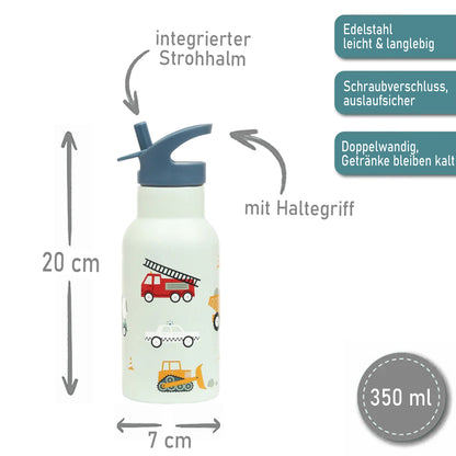 Personalisierte Edelstahl Trinkflasche für Kinder mit Namen graviert ultraleicht Trinkstrohhalm für Kinder ab 4 Jahren Fahrzeuge