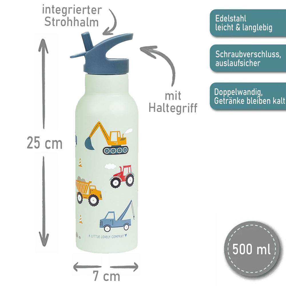 Personalisierte Edelstahl Trinkflasche für Kinder mit Namen graviert ultraleicht Trinkstrohhalm für Kinder ab 4 Jahren Fahrzeuge