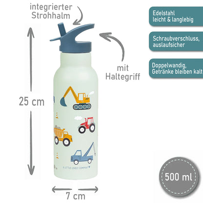 Personalisierte Edelstahl Trinkflasche für Kinder mit Namen graviert ultraleicht Trinkstrohhalm für Kinder ab 4 Jahren Fahrzeuge