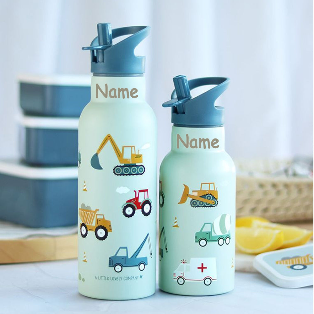 Personalisierte Edelstahl Trinkflasche für Kinder mit Namen graviert ultraleicht Trinkstrohhalm für Kinder ab 4 Jahren Fahrzeuge