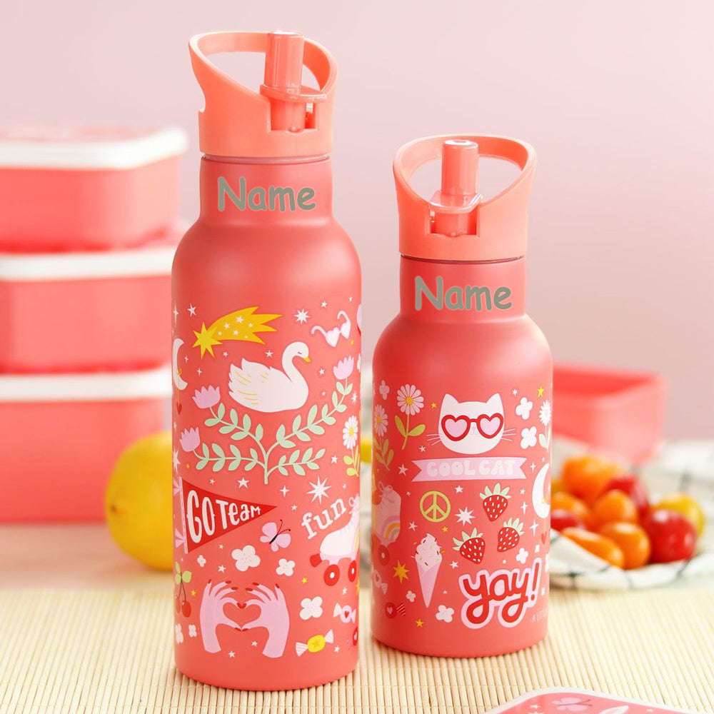 Personalisierte Edelstahl Trinkflasche für Kinder mit Namen graviert ultraleicht Trinkstrohhalm für Kinder ab 4 Jahren Fun