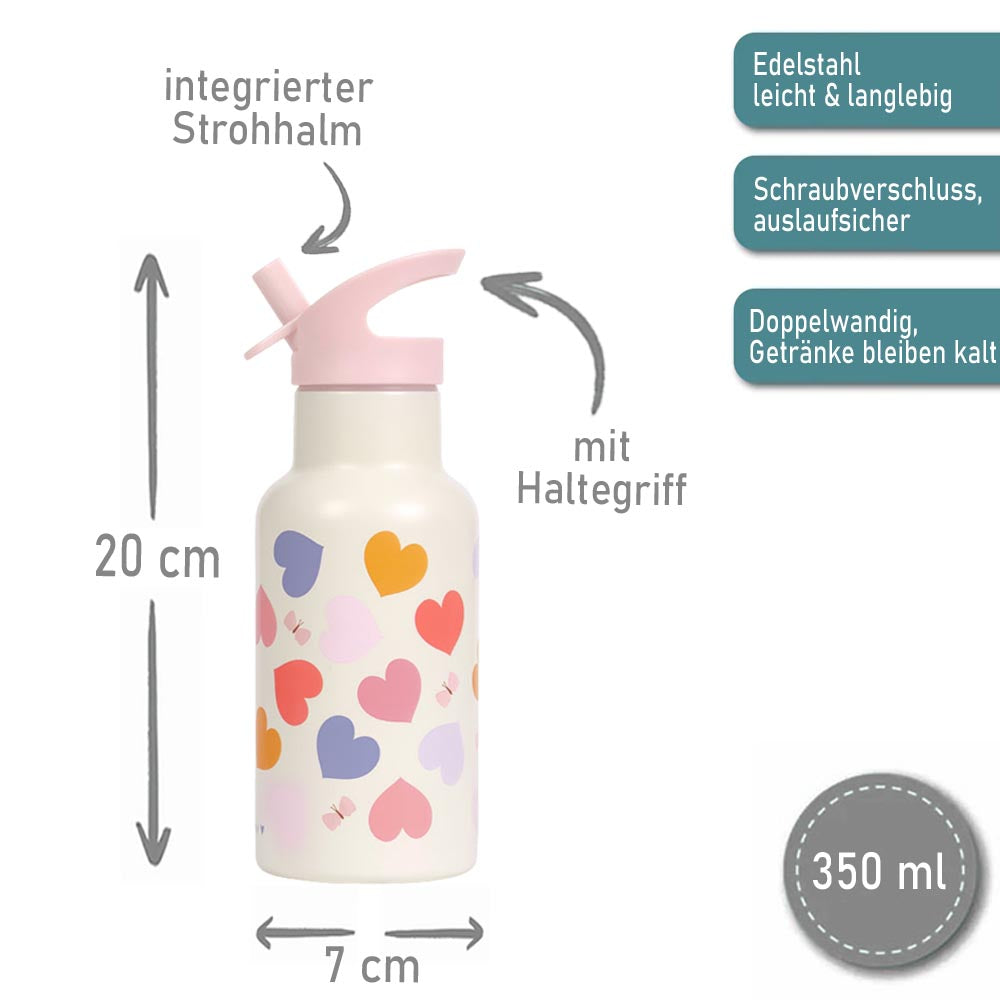 Personalisierte Edelstahl Trinkflasche für Kinder mit Namen graviert ultraleicht Trinkstrohhalm für Kinder ab 4 Jahren Herzen