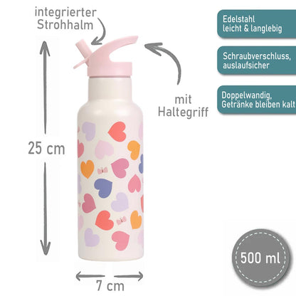 Personalisierte Edelstahl Trinkflasche für Kinder mit Namen graviert ultraleicht Trinkstrohhalm für Kinder ab 4 Jahren Herzen