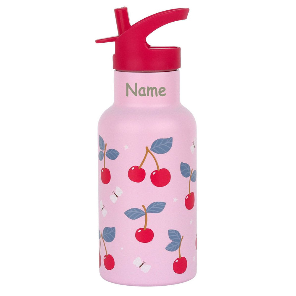 Personalisierte Edelstahl Trinkflasche für Kinder mit Namen graviert ultraleicht Trinkstrohhalm für Kinder ab 4 Jahren Kirschen