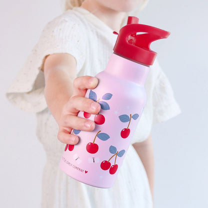 Personalisierte Edelstahl Trinkflasche für Kinder mit Namen graviert ultraleicht Trinkstrohhalm für Kinder ab 4 Jahren Kirschen