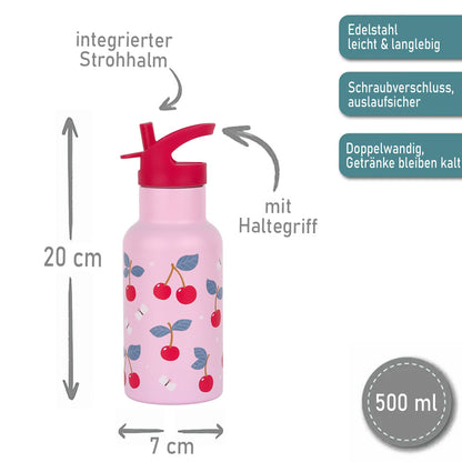 Personalisierte Edelstahl Trinkflasche für Kinder mit Namen graviert ultraleicht Trinkstrohhalm für Kinder ab 4 Jahren Kirschen