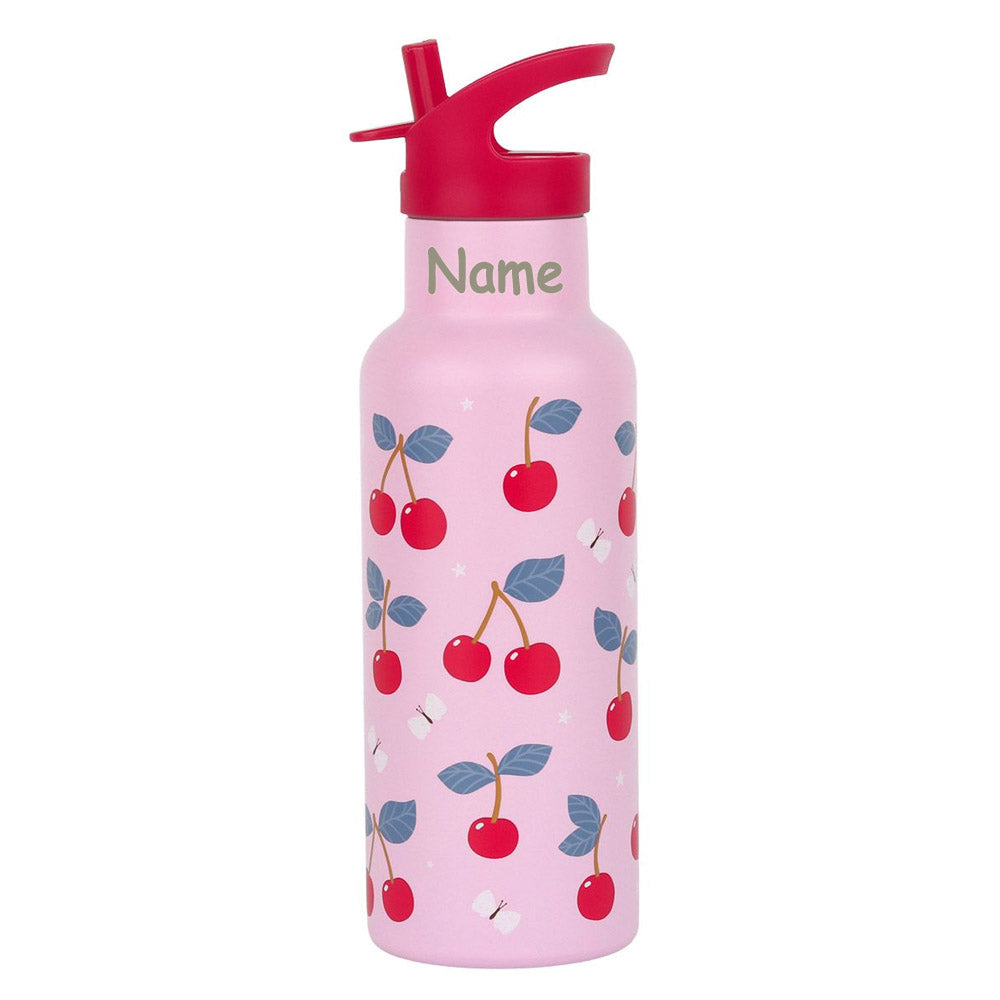 Personalisierte Edelstahl Trinkflasche für Kinder mit Namen graviert ultraleicht Trinkstrohhalm für Kinder ab 4 Jahren Kirschen