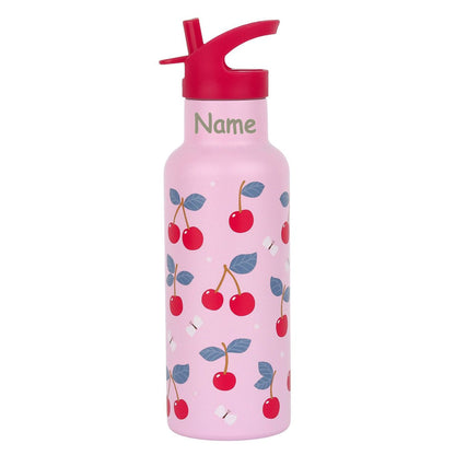 Personalisierte Edelstahl Trinkflasche für Kinder mit Namen graviert ultraleicht Trinkstrohhalm für Kinder ab 4 Jahren Kirschen