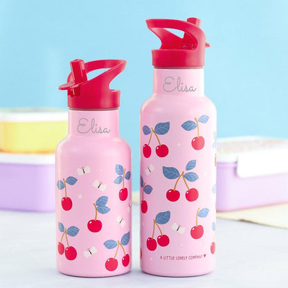 Personalisierte Edelstahl Trinkflasche für Kinder mit Namen graviert ultraleicht Trinkstrohhalm für Kinder ab 4 Jahren Kirschen