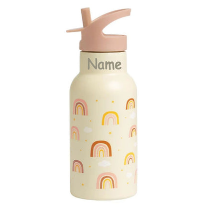Personalisierte Edelstahl Trinkflasche für Kinder mit Namen graviert ultraleicht Trinkstrohhalm für Kinder ab 4 Jahren Regenbogen