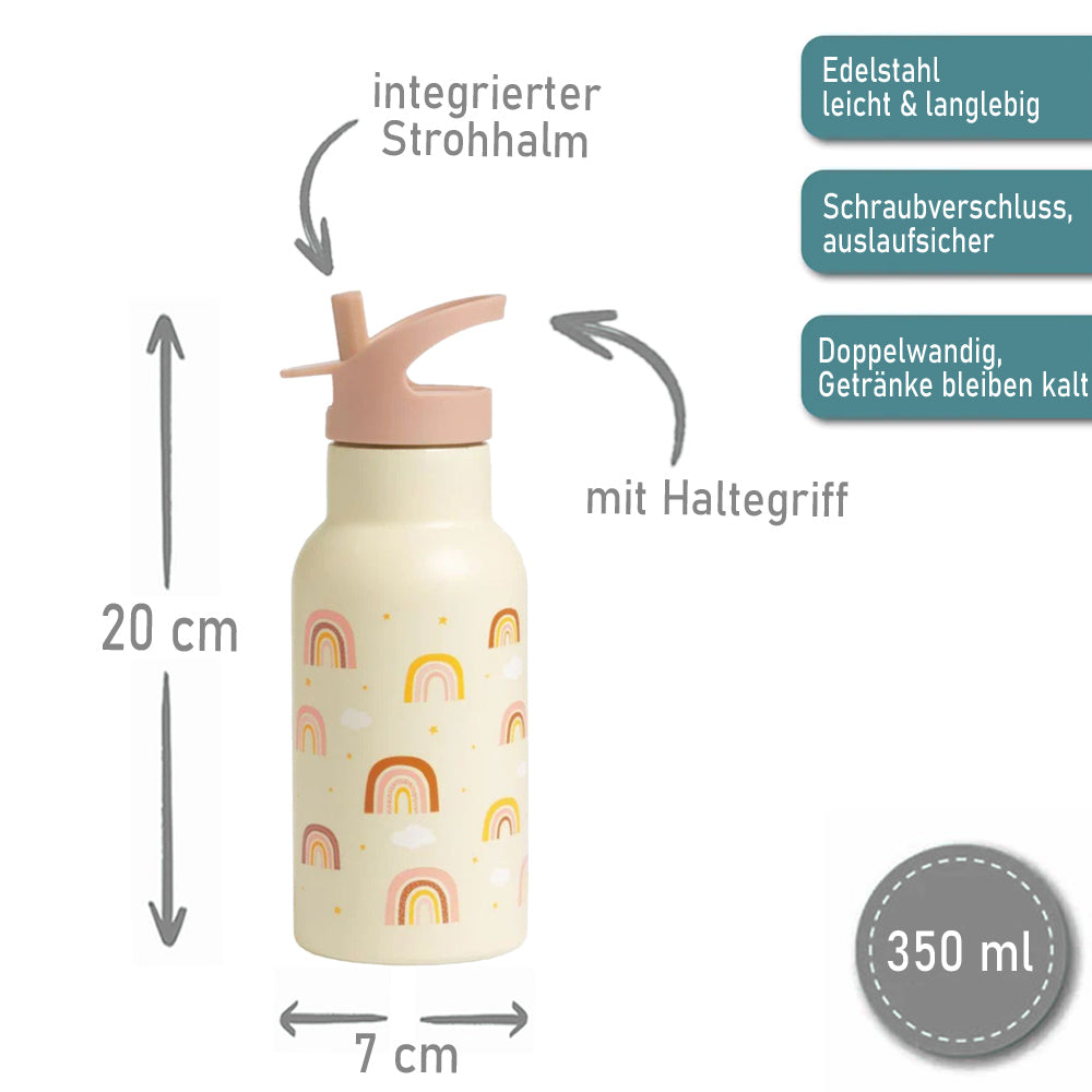Personalisierte Edelstahl Trinkflasche für Kinder mit Namen graviert ultraleicht Trinkstrohhalm für Kinder ab 4 Jahren Regenbogen