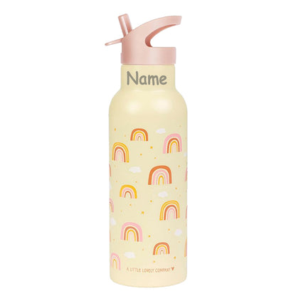 Personalisierte Edelstahl Trinkflasche für Kinder mit Namen graviert ultraleicht Trinkstrohhalm für Kinder ab 4 Jahren Regenbogen
