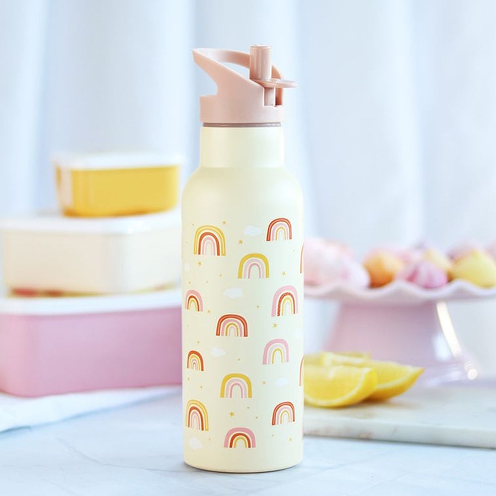 Personalisierte Edelstahl Trinkflasche für Kinder mit Namen graviert ultraleicht Trinkstrohhalm für Kinder ab 4 Jahren Regenbogen