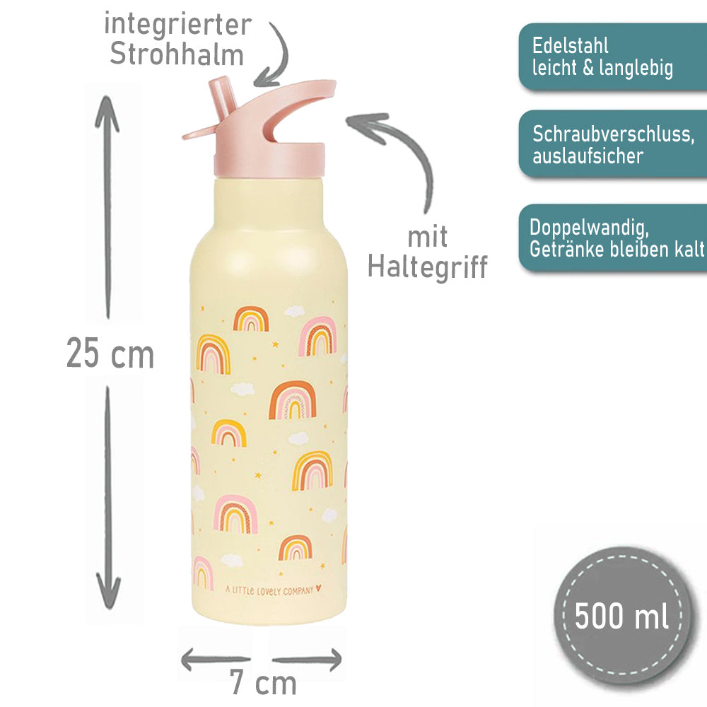 Personalisierte Edelstahl Trinkflasche für Kinder mit Namen graviert ultraleicht Trinkstrohhalm für Kinder ab 4 Jahren Regenbogen