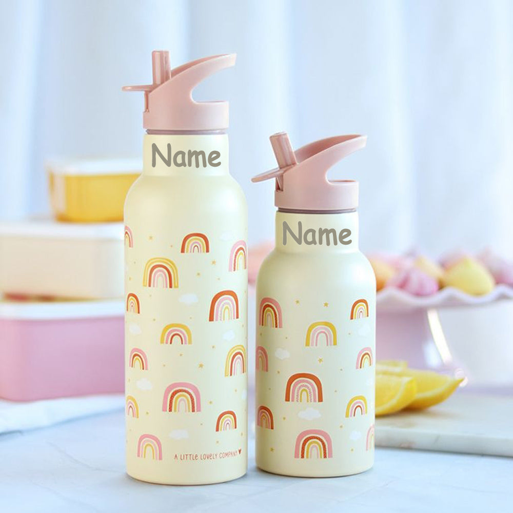 Personalisierte Edelstahl Trinkflasche für Kinder mit Namen graviert ultraleicht Trinkstrohhalm für Kinder ab 4 Jahren Regenbogen