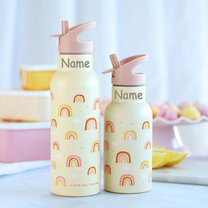 Personalisierte Edelstahl Trinkflasche für Kinder mit Namen graviert ultraleicht Trinkstrohhalm für Kinder ab 4 Jahren Regenbogen