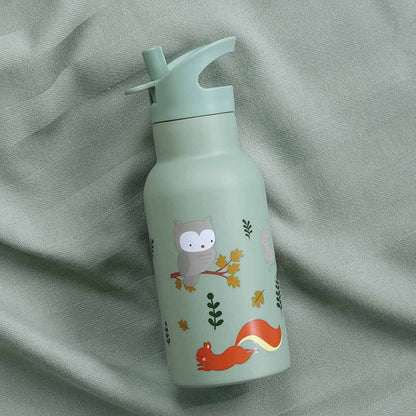Personalisierte Edelstahl Trinkflasche für Kinder mit Namen graviert ultraleicht Trinkstrohhalm für Kinder ab 4 Jahren Waldfreunde