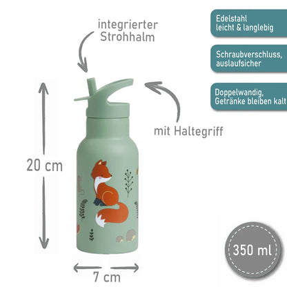 Personalisierte Edelstahl Trinkflasche für Kinder mit Namen graviert ultraleicht Trinkstrohhalm für Kinder ab 4 Jahren Waldfreunde