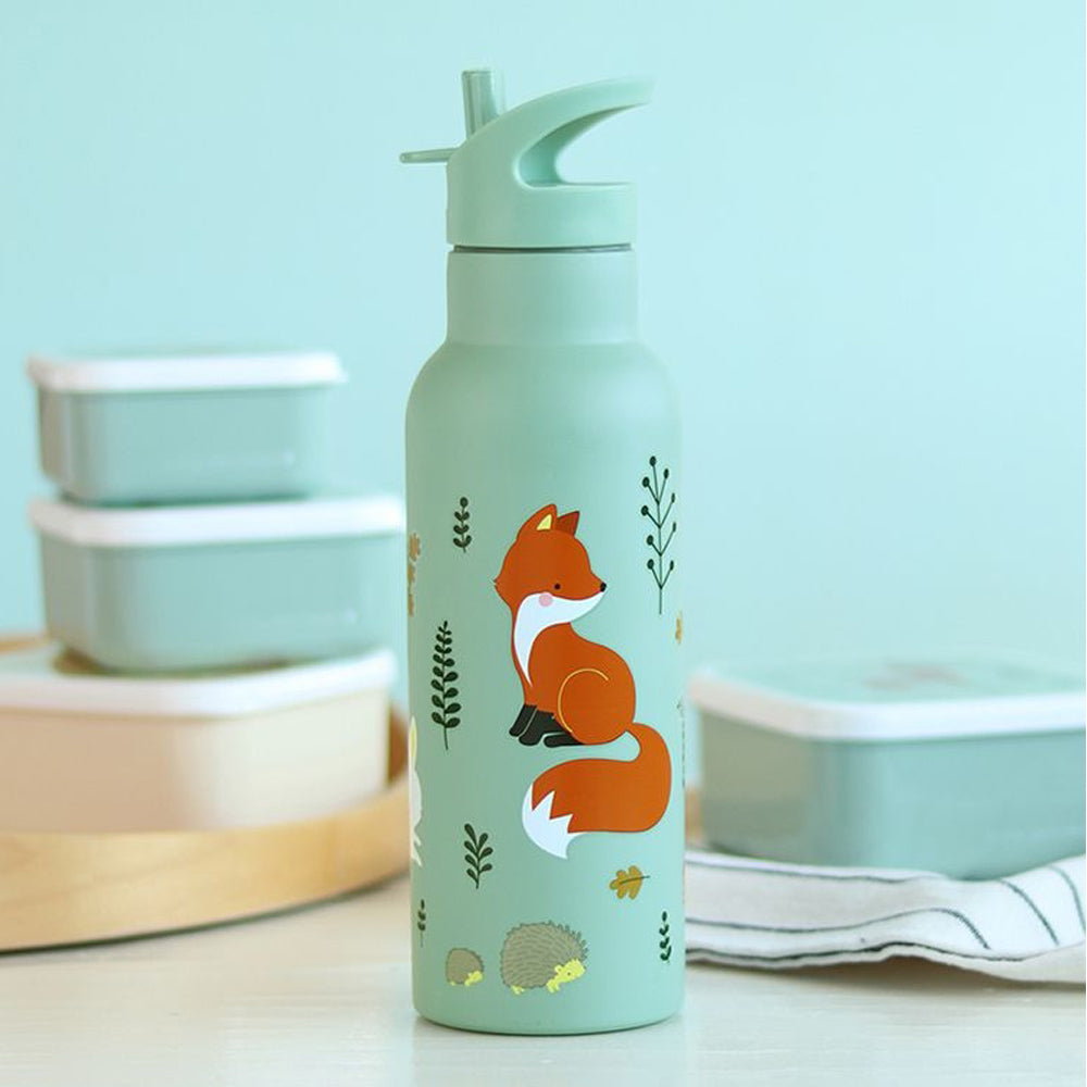 Personalisierte Edelstahl Trinkflasche für Kinder mit Namen graviert ultraleicht Trinkstrohhalm für Kinder ab 4 Jahren Waldfreunde