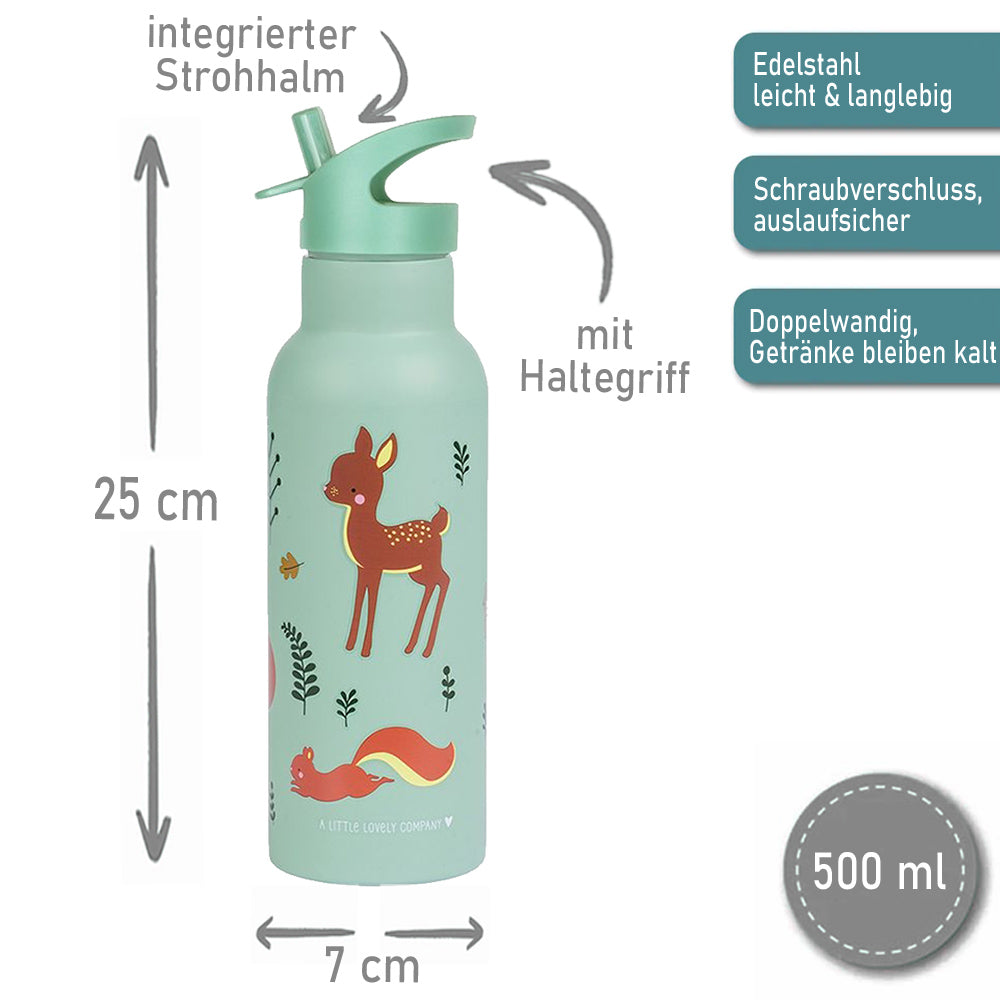 Personalisierte Edelstahl Trinkflasche für Kinder mit Namen graviert ultraleicht Trinkstrohhalm für Kinder ab 4 Jahren Waldfreunde